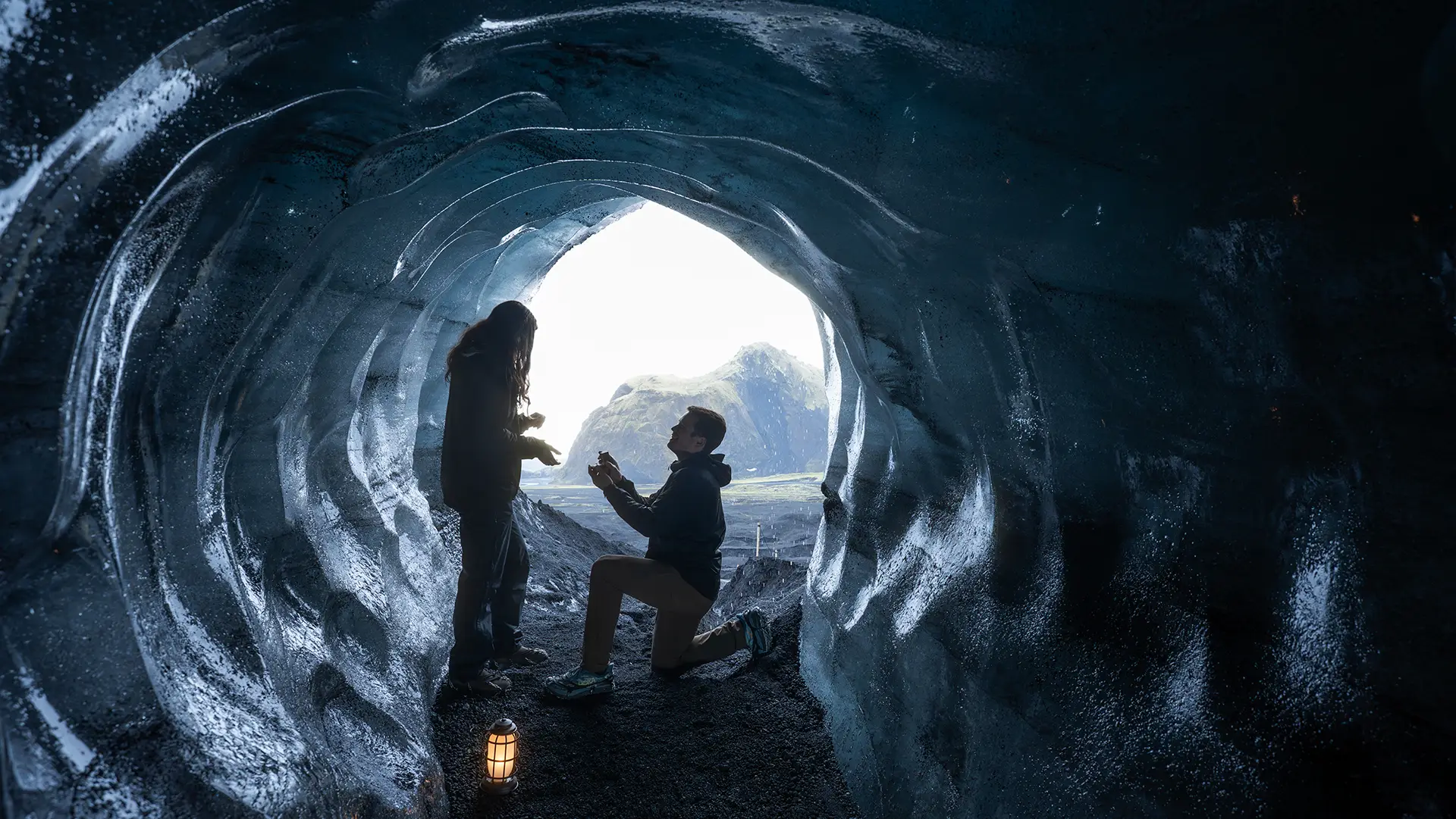 Marriage proposal inside Katla ice cave Iceland